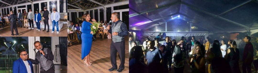 Highlights from a Vanish Media wedding reception: a guessing game, the MC with the bride, and guests dancing